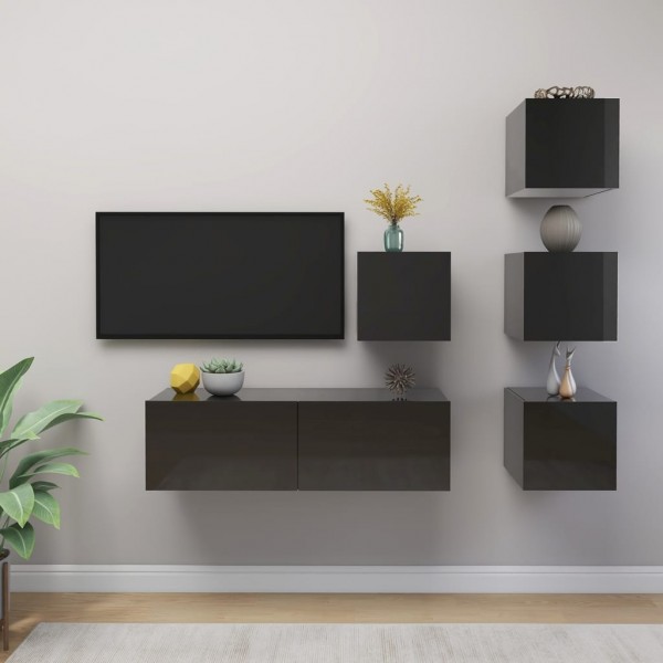 Juego de mueble para TV de 5 piezas aglomerado gris brillante Juego de mueble para TV de 5 piezas aglomerado gris brillante D