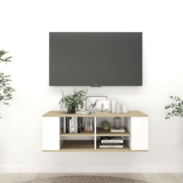 Mueble de pared TV aglomerado blanco roble Sonoma 102x35x35cm D