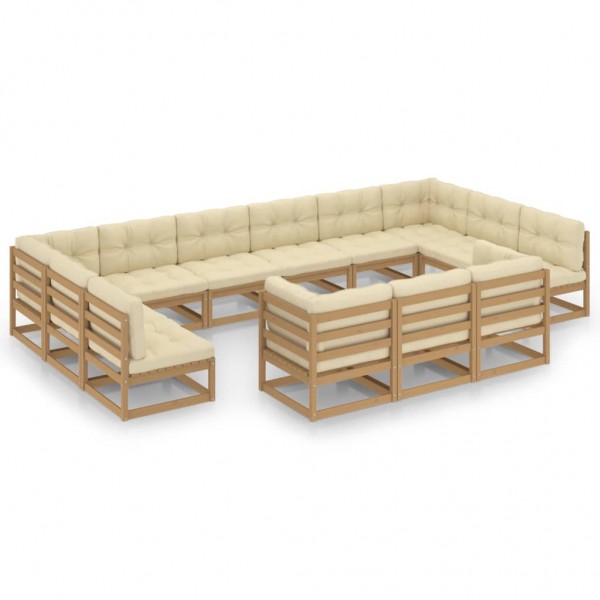 Conjunto de móveis de jardim com 13 peças de almofadas em madeira de pinho castanho mel D