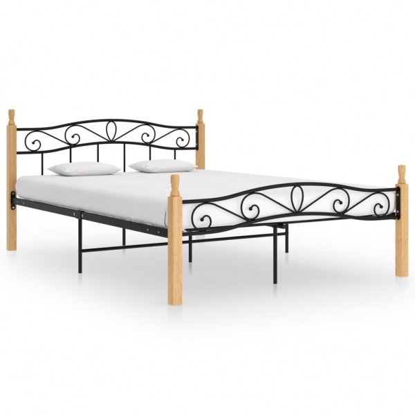 Estrutura de cama madeira maciça carvalho metal preto 160x200 cm D