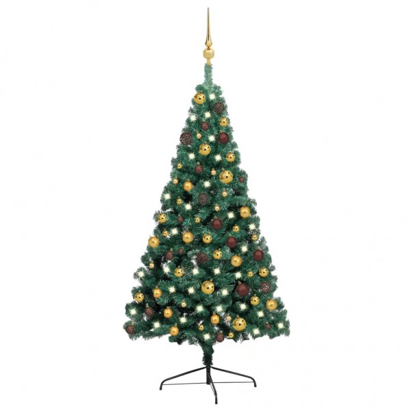 Medio árbol de Navidad con luces y bolas verde 120 cm D