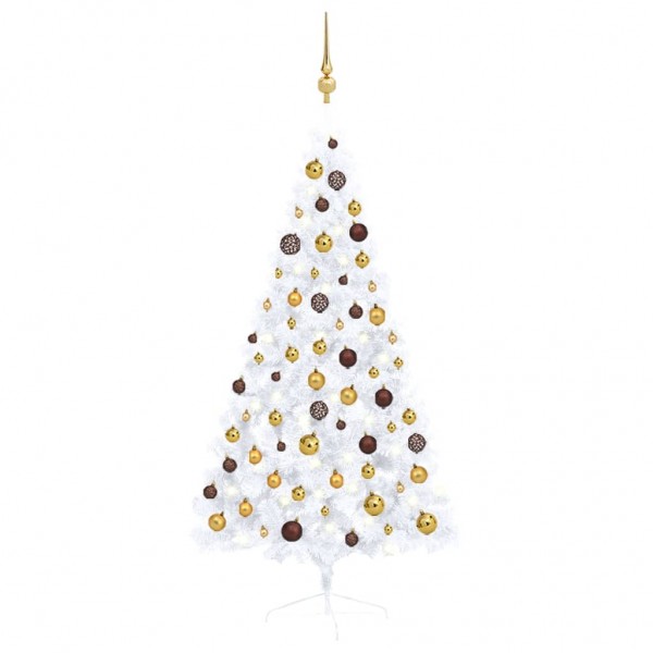 Medio árbol de Navidad con luces y bolas blanco 150 cm D