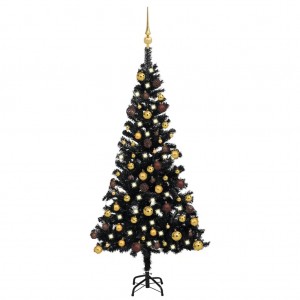 Árbol de Navidad preiluminado con luces y bolas negro 120 cm D