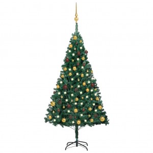 Árbol de Navidad preiluminado con luces y bolas verde 150 cm D