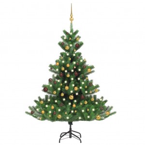 Árvore de Natal abeto Nordmann com LEDs e bolas verdes 150 cm D