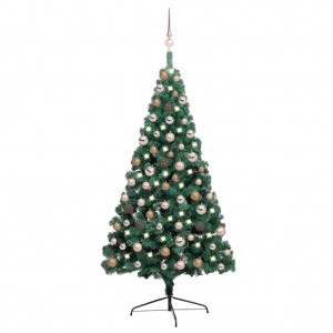 Medio árbol de Navidad artificial con LEDs y bolas verde 150 cm D