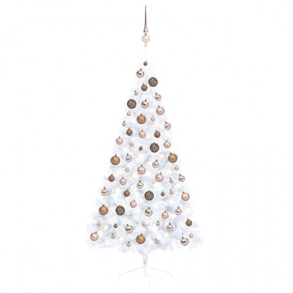 Medio árbol de Navidad con luces y bolas blanco 150 cm D