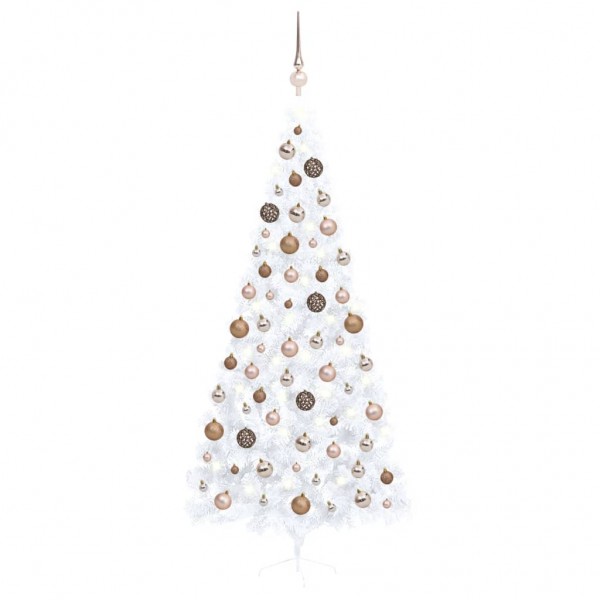 Medio árbol de Navidad con luces y bolas blanco 240 cm D