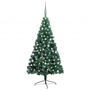 Medio árbol de Navidad con luces y bolas verde 120 cm D