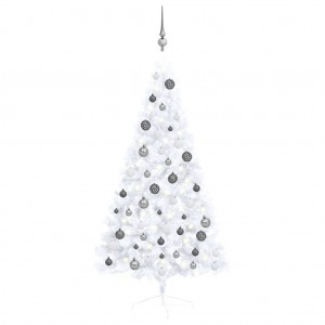 Medio árbol de Navidad con luces y bolas blanco 150 cm D