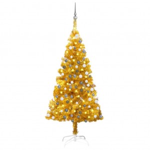 Árvore de Natal pré-iluminada com luzes e bolas de ouro 150 cm D