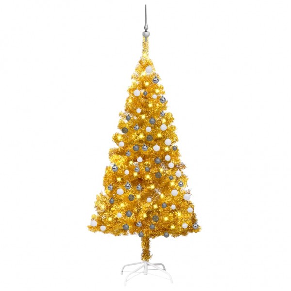 Árbol de Navidad artificial con LED y bolas dorado PET 150 cm D