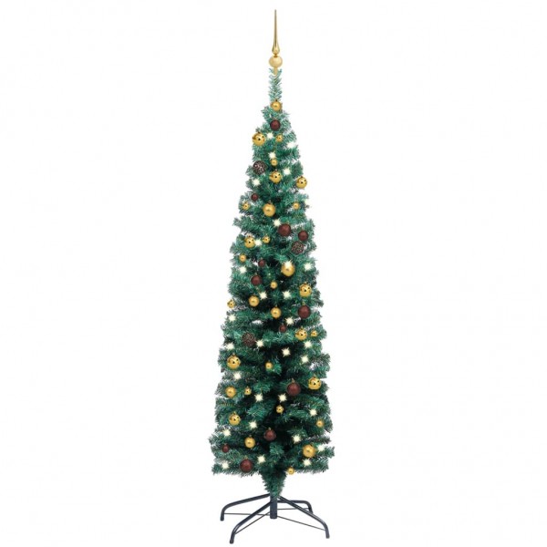 Árbol Navidad artificial estrecho con LED y bolas verde 150 cm D