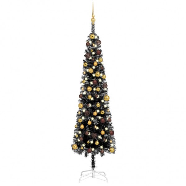 Árbol de Navidad estrecho con LEDs y bolas negro 210 cm D