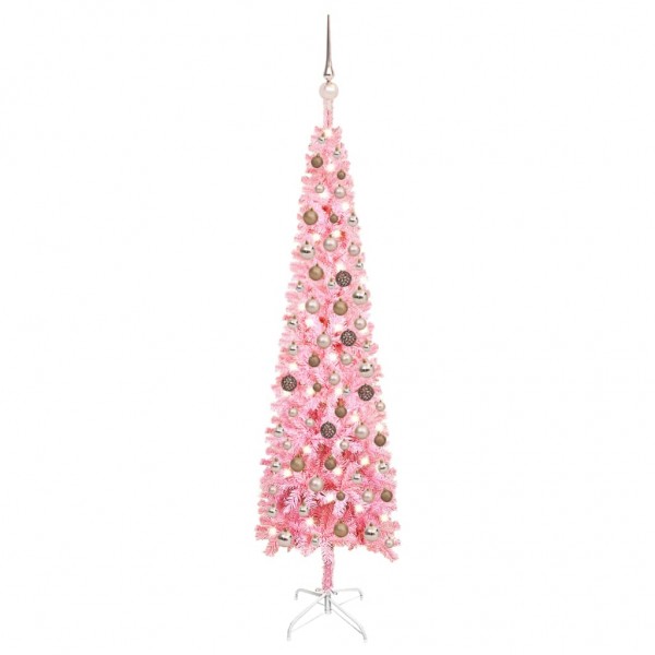 Árbol de Navidad estrecho con LED y bolas rosa 150 cm D