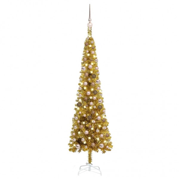 Set de árbol de Navidad estrecho con LED y bola dorado 150 cm D