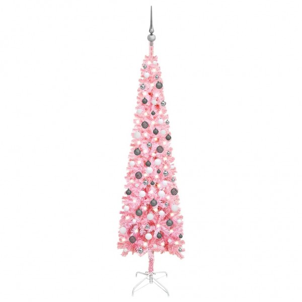 Set de árbol de Navidad estrecho con LED y bola rosa 210 cm D