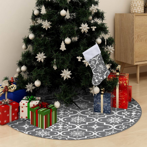 Falda del árbol de Navidad de lujo con calcetín tela gris 90 cm D