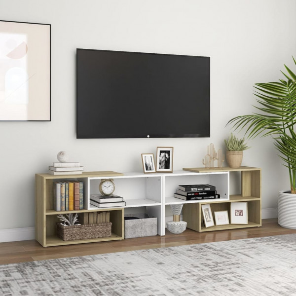 Mueble de TV madera contrachapada blanco y roble 149x30x52 cm D