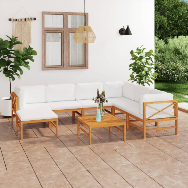 Conjunto de mobília de jardim de 8 peças madeira de teca e almofadas creme D