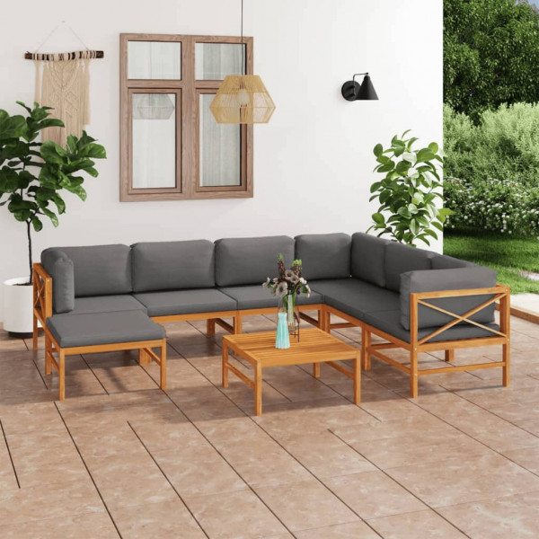 Conjunto de mobiliário de jardim de 8 peças de teca e almofadas cinzentas D