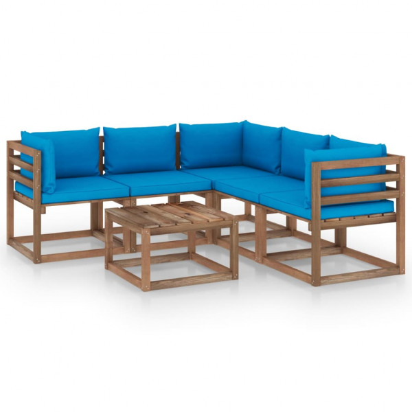 Conjunto de móveis de jardim 6 peças em madeira impregnada com almofadas azuis D