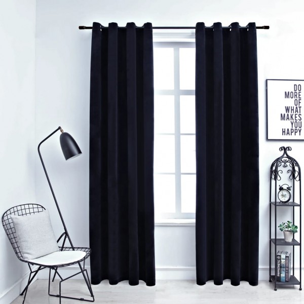 Cortinas opacas con anillas 2 pzas terciopelo negro 140x225 cm D