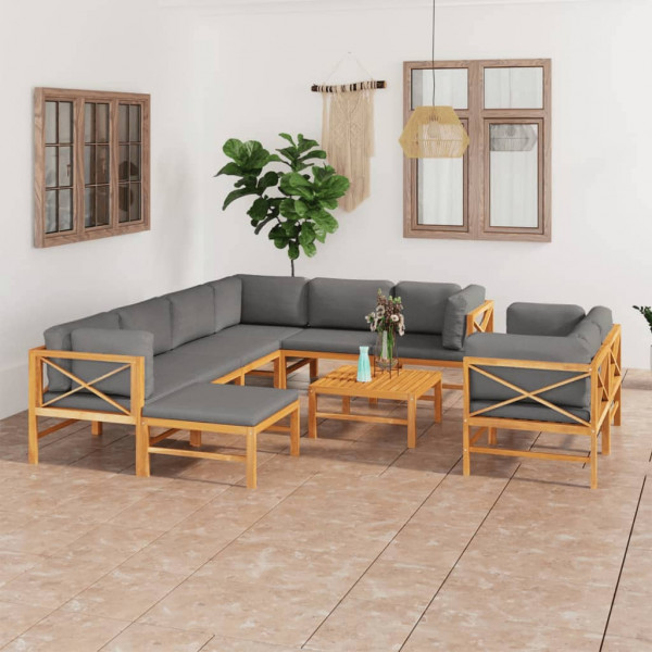 Conjunto de mobiliário de jardim 10 pzas madeira de teca e almofadas cinzentas D