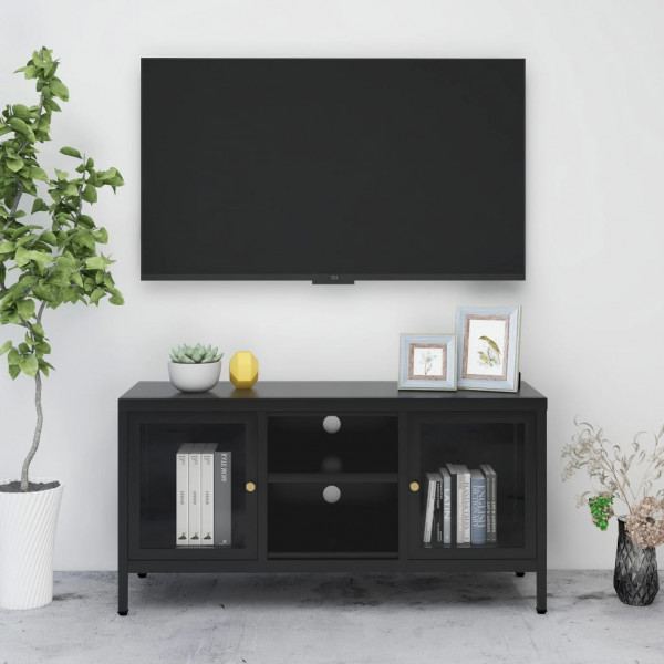 Móveis de televisão de aço e vidro preto 105x35x52 cm D