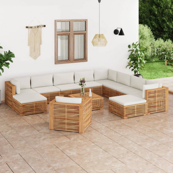 Muebles de jardín 12 pzas con cojines crema madera maciza teca D