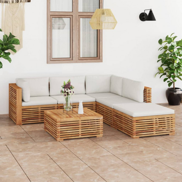 Muebles de jardín 6 piezas madera maciza teca con cojines crema D