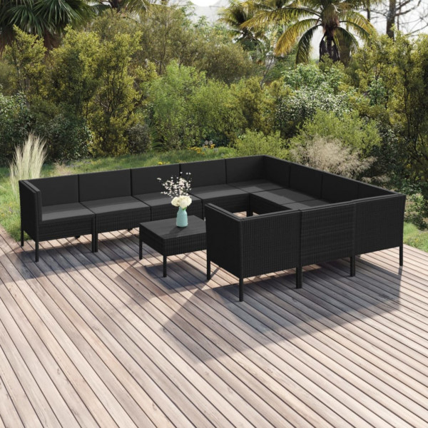 Set de muebles de jardín 11 pzas cojines ratán sintético negro D