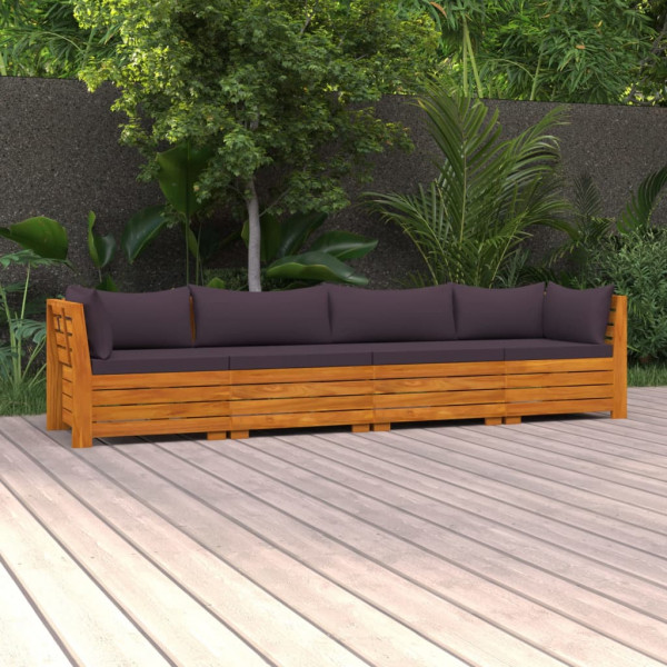 Sofá de jardín de 4 plazas con cojines madera maciza de acacia D