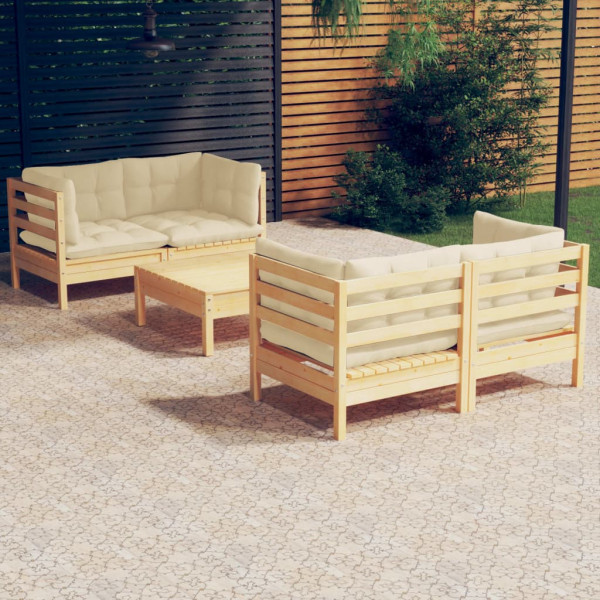 Muebles de jardín 5 piezas cojines madera de pino color crema D