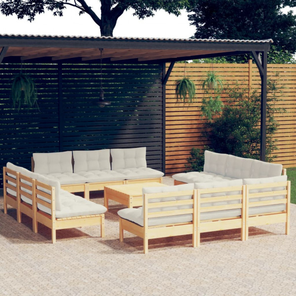 Mobiliário de jardim 13 peças almofadas madeira de pinho de cor creme D