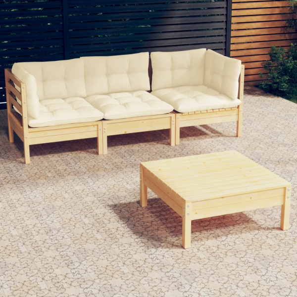 Muebles de jardín 4 piezas con cojines madera de pino crema D