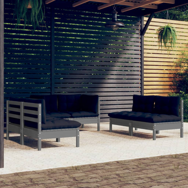 Muebles de jardín 6 piezas con cojines de madera maciza de pino D
