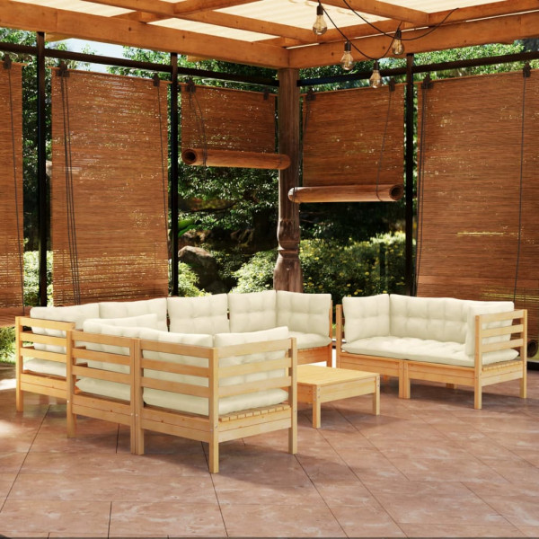 Muebles de jardín 9 pzas y cojines madera maciza de pino crema D