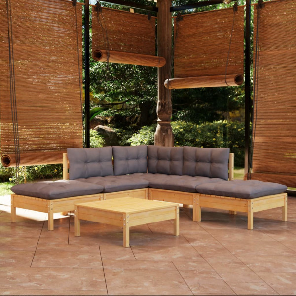 Conjunto de móveis de jardim de 6 peças com almofadas em madeira de pinho cinza D