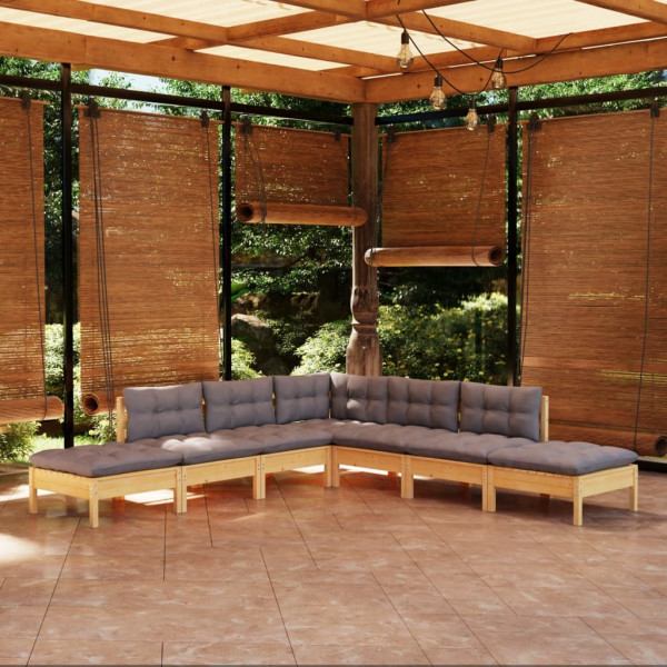 Conjunto de móveis de jardim 7 peças e almofadas em madeira de pinho cinza D