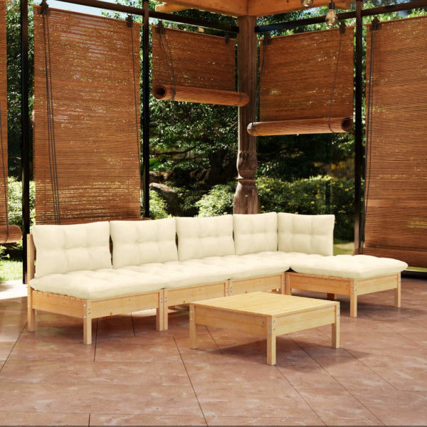 Mobiliário de jardim 6 peças almofadas madeira de pinho de cor creme D