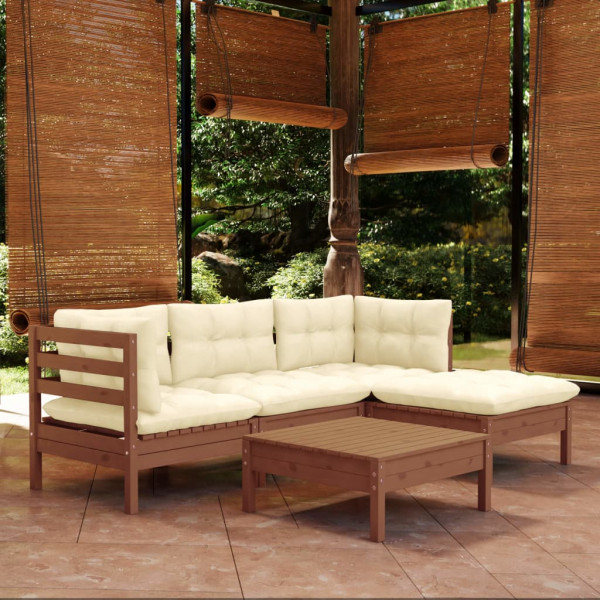 Mobiliário de jardim 5 peças e almofadas madeira de pinho marrom mel D