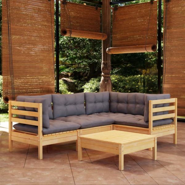 Conjunto de mobiliário de jardim de 5 peças e almofadas em madeira de pinho cinza D