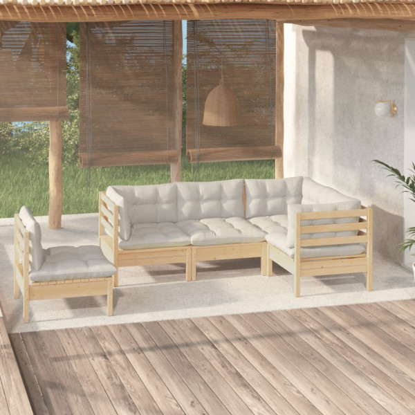 Muebles de jardín 5 piezas cojines madera de pino crema D