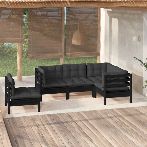 Móveis de jardim 5 PCs com almofadas de madeira de pinheiro preto D