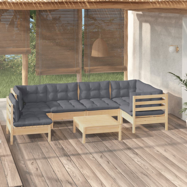 Conjunto de móveis de jardim 7 peças e almofadas em madeira de pinho cinza D