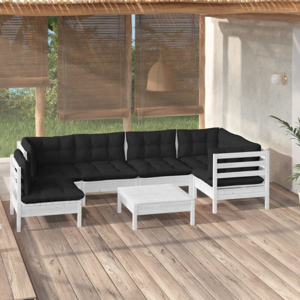 Móveis de jardim 7 PCs com almofadas de madeira de pinheiro branco D