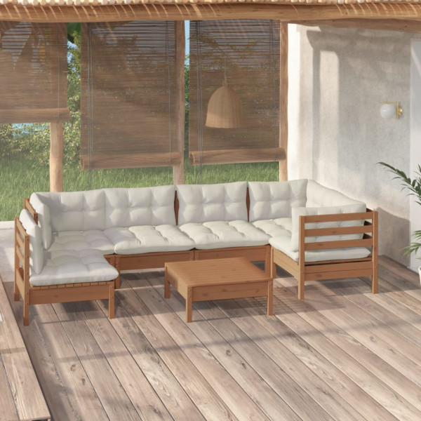 Muebles de jardín 7 pzas y cojines madera de pino marrón miel D