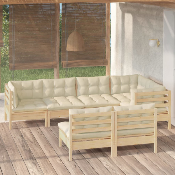 Muebles de jardín 7 pzas y cojines madera maciza de pino crema D