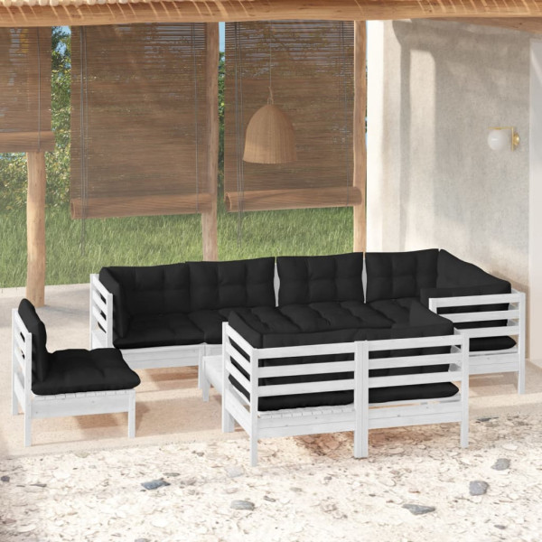 Muebles de jardín 9 pzas con cojines blanco madera maciza pino D